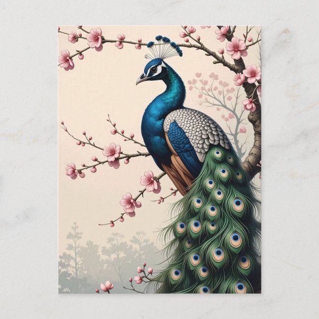 Pfau in einem Kirschblossom Postkarte (Vorderseite)