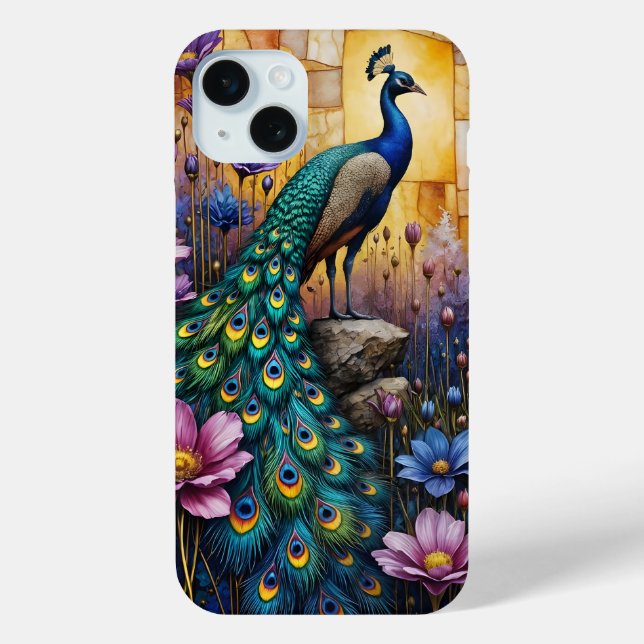 Pfau in floraler Landschaft Case-Mate iPhone Hülle (Rückseite)