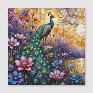 Pfau in floraler Landschaft, Geburtstagsmagnet  Magnetkarte