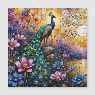 Pfau in floraler Landschaft, Muttertagsmagnet Magnetkarte