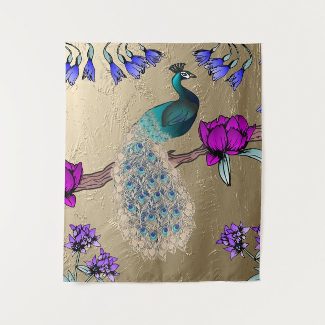 Pfau in Gold Wandteppich (Vorderseite)