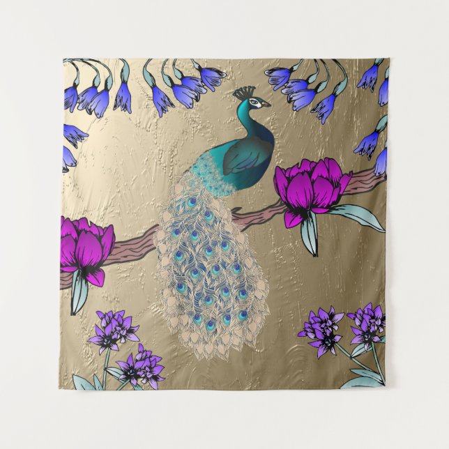 Pfau in Gold Wandteppich (Vorderseite)