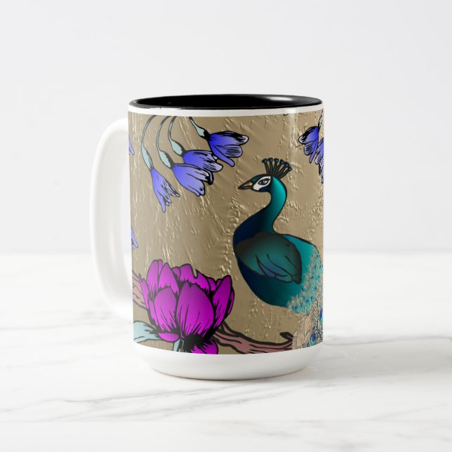 Pfau in Gold Zweifarbige Tasse (Vorderseite Links)
