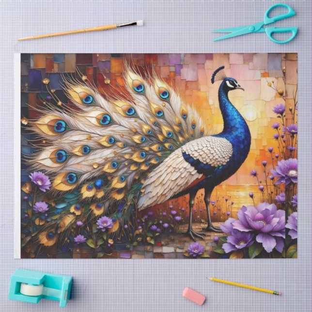 Pfau in patchworkartiger Blumenlandschaft Seidenpapier (Basteln)