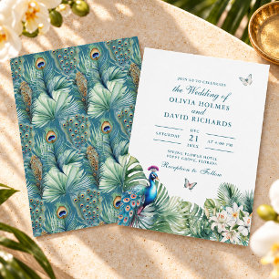 Pfau in Türkis Tropische Blumen Schmetterling Hoch Einladung