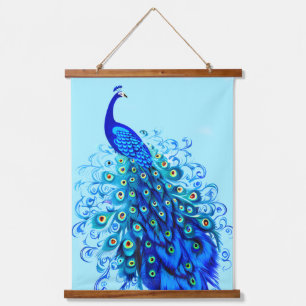 Pfau in Türkis und Kobaltblau Wandteppich Mit Holzrahmen