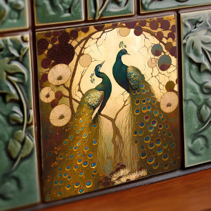 Pfau Klimt Gold Grün Wanddekoration Art Nouveau Fliese