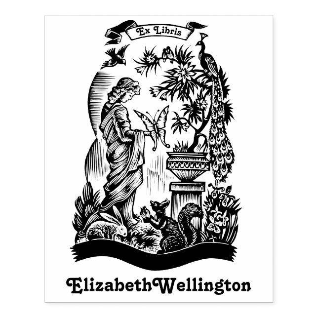 Pfau, Lady, Schmetterling, Kaninchen und Librien B Gummistempel (Prägung)