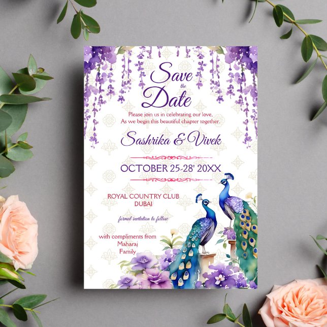 Pfau lila Blume indische Hochzeit speichern das Da Einladung (Purple peacock Indian wedding save the date card editable template digital download lilac jasmine)