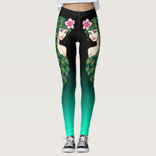 Pfau-Mädchen-Schwarzes aquamarine Athleisure Leggings