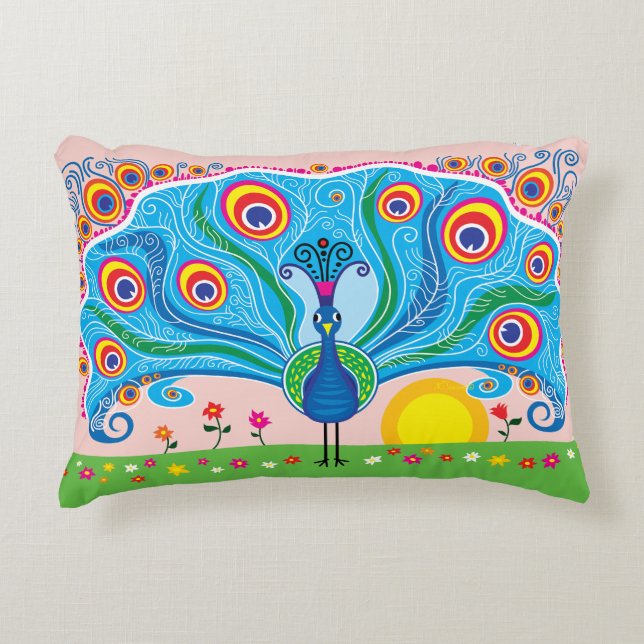 Pfau mit Blumen Dekokissen (Vorderseite)