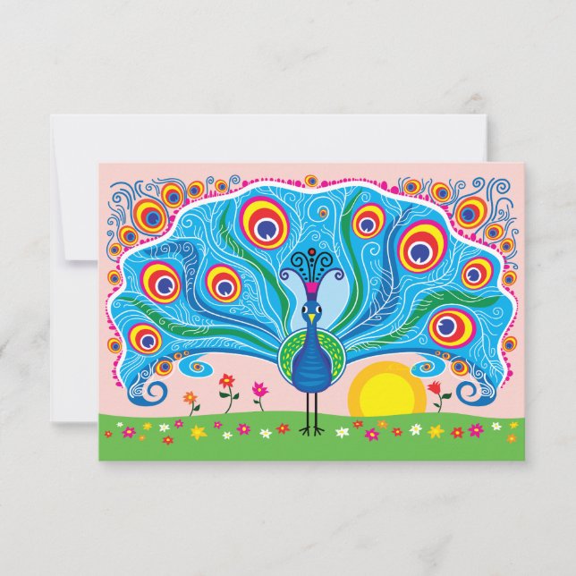 Pfau mit Blumen Postkarte (Vorderseite)
