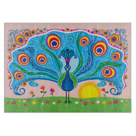Pfau mit Blumen Schneidebrett