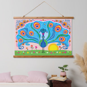 Pfau mit Blumen Wandteppich Mit Holzrahmen