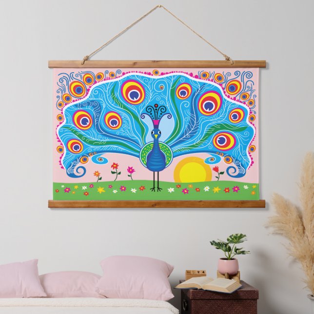 Pfau mit Blumen Wandteppich Mit Holzrahmen (Schlafzimmer)