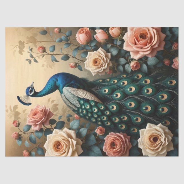 Pfau mit Peach und rosa Roses Decoupage Seidenpapier (Vorderseite)