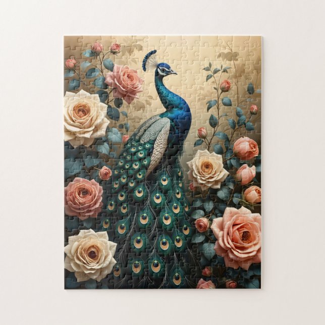 Pfau mit Pfirsich und rosa Rosen Puzzle (Vertikal)