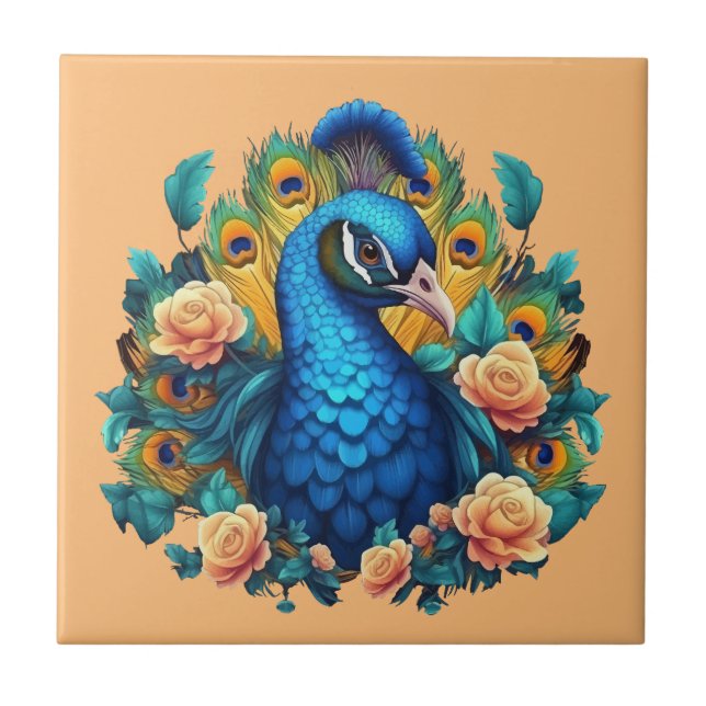 Pfau mit PfirsichRose Fliese (Vorderseite)