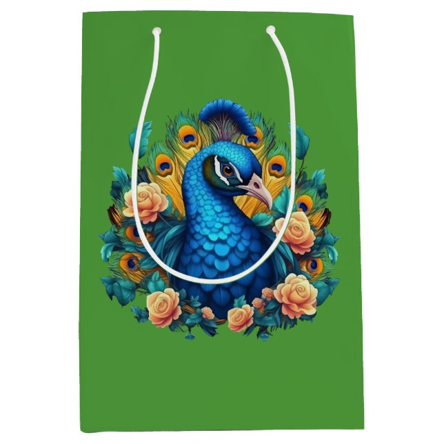 Pfau mit PfirsichRose Mittlere Geschenktüte (Vorderseite)