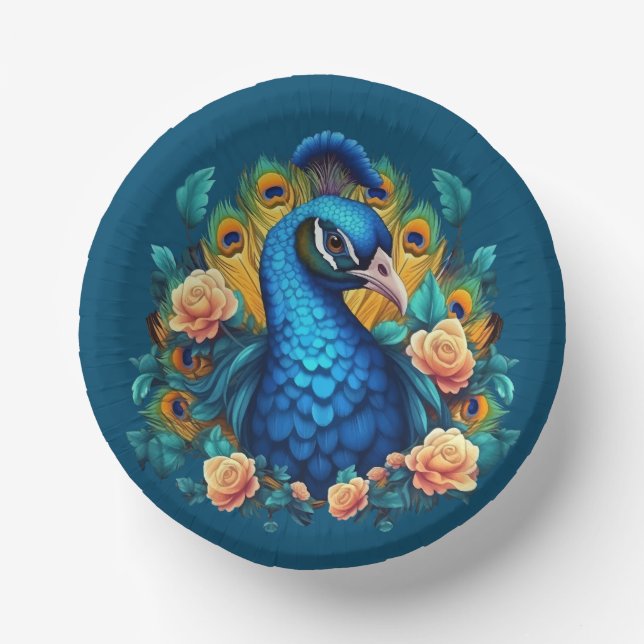 Pfau mit PfirsichRose Pappteller (Vorderseite)