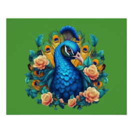 Pfau mit PfirsichRose Poster