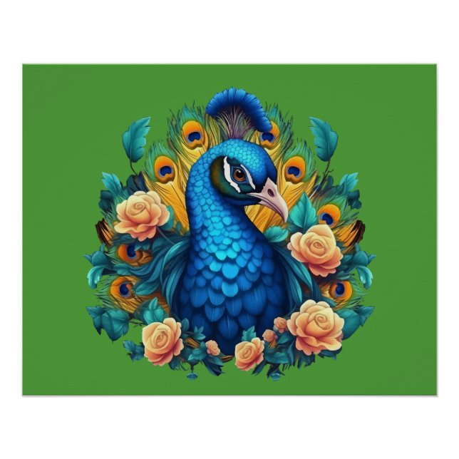 Pfau mit PfirsichRose Poster (Vorderseite)
