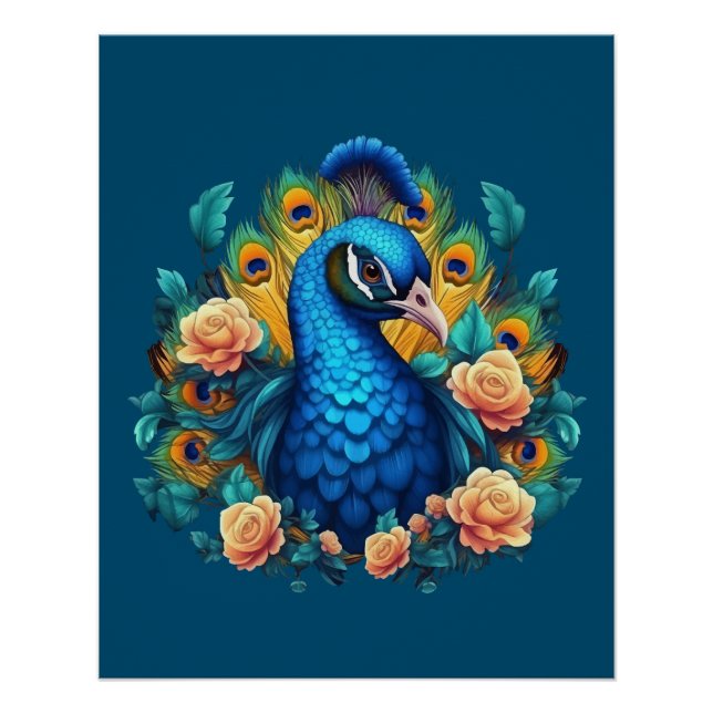 Pfau mit PfirsichRose Poster (Vorderseite)