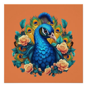 Pfau mit PfirsichRose Poster