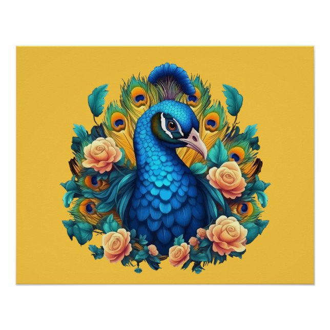 Pfau mit PfirsichRose Poster (Vorderseite)