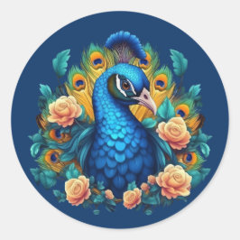 Pfau mit PfirsichRose Runder Aufkleber