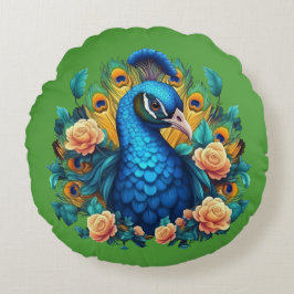 Pfau mit PfirsichRose Rundes Kissen