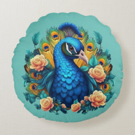 Pfau mit PfirsichRose Rundes Kissen