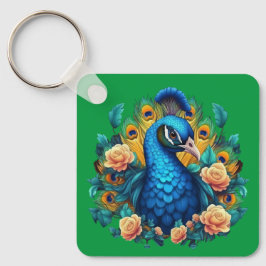 Pfau mit PfirsichRose Schlüsselanhänger