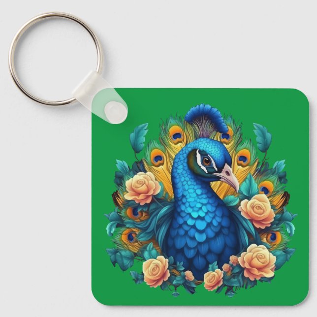 Pfau mit PfirsichRose Schlüsselanhänger (Vorderseite)