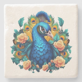 Pfau mit PfirsichRose Steinuntersetzer