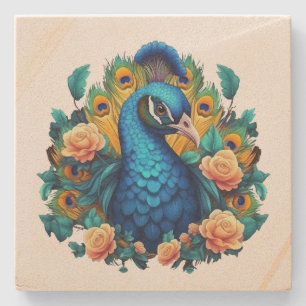 Pfau mit PfirsichRose Steinuntersetzer