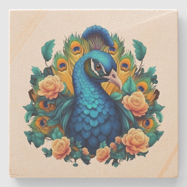 Pfau mit PfirsichRose Steinuntersetzer (Vorderseite)