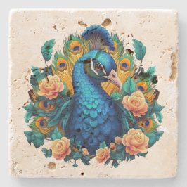 Pfau mit PfirsichRose Steinuntersetzer