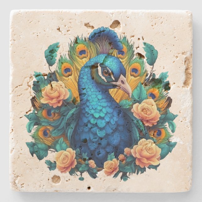 Pfau mit PfirsichRose Steinuntersetzer (Vorderseite)
