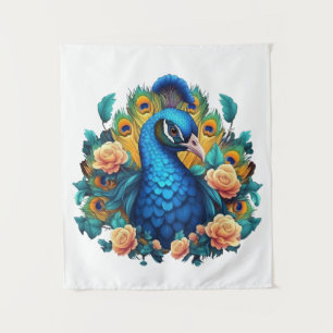 Pfau mit PfirsichRose Wandteppich