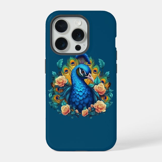 Pfau mit Pfirsichrosen iPhone Hülle (Rückseite)