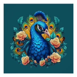 Pfau mit Pfirsichrosen Poster