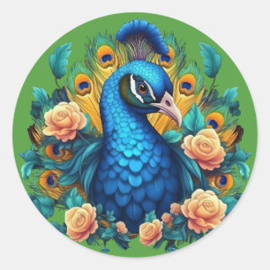 Pfau mit Pfirsichrosen Runder Aufkleber