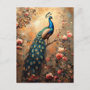 Pfau mit rosa Rosenmalerei Postkarte