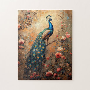 Pfau mit rosafarbenen Rosen Malerei Puzzle