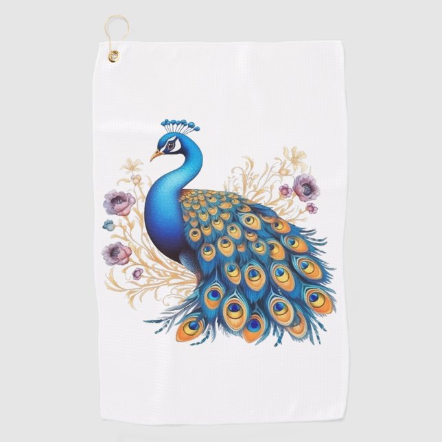 Pfau mit violetten Blumen Golfhandtuch (Vorderseite)
