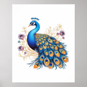 Pfau mit violetten Blumen Poster