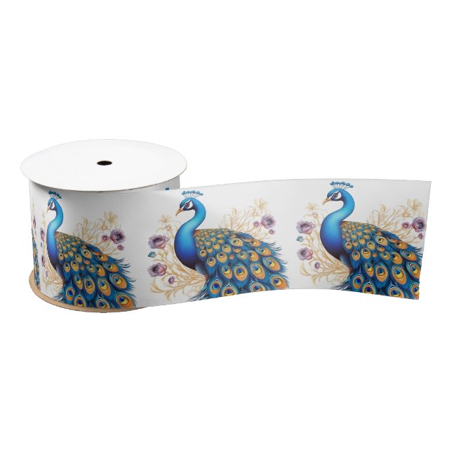 Pfau mit violetten Blumen Satinband (Spule)