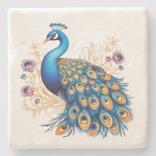 Pfau mit violetten Blumen Steinuntersetzer