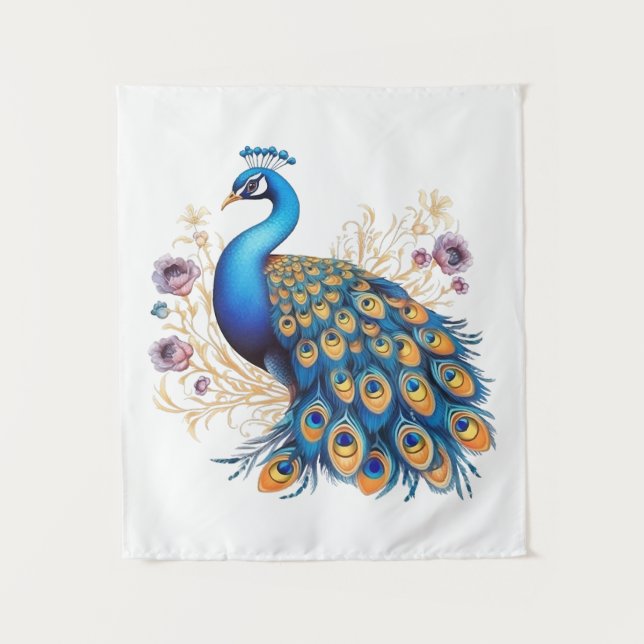 Pfau mit violetten Blumen Wandteppich (Vorderseite)
